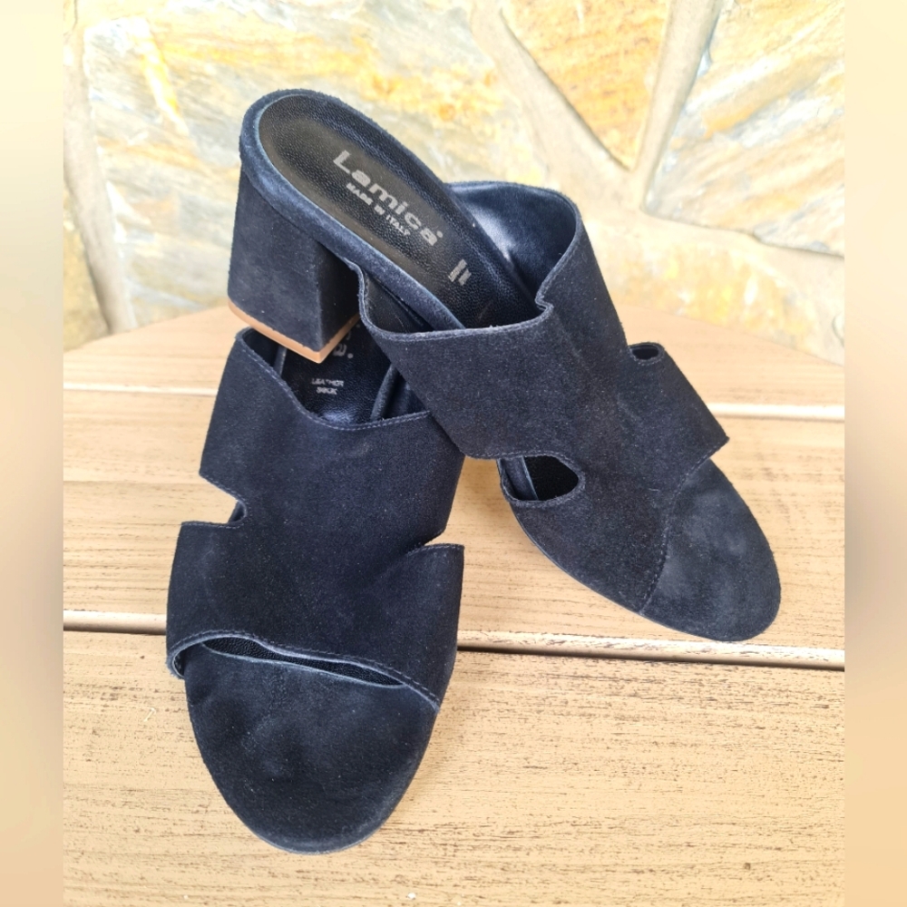 Lamica Made in Italy Black Leather Suede Open Toe Mule Block Heel  39 EU 8.5 M